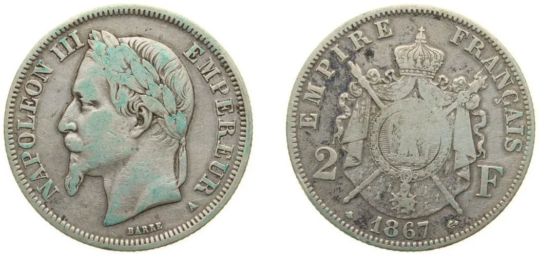 1867 A 2 Francs - Napoleon III (VF) - Paris Mint - France | Coins