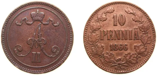 1866 10 Penniä - Aleksandr II (VF) - Helsinki Mint - Finland