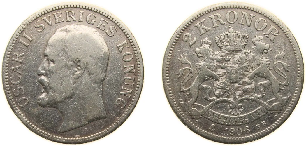 1906 EB 2 Kronor - Oscar II (Rare) (VF) - Stockholm Mint - Sweden