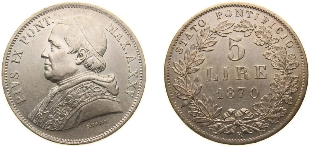 1870//XXV R 5 Lire - Pius IX (AU) - Rome Mint - Italy | Coins NB