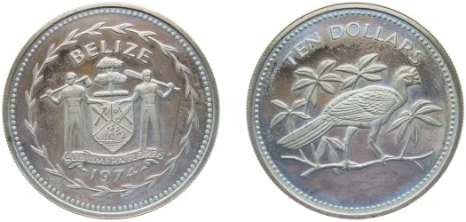 1974 FM 10 Dollars (Great curassow; silver proof) (PF) - Belize