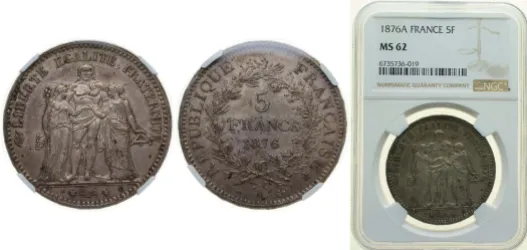 1876 A 5 Francs (NGC MS 62) - Paris Mint - France | Coins NB