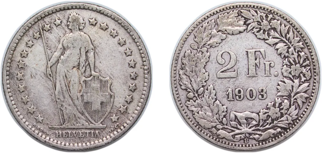 1903 B 2 Francs (Helvetia standing) (VF) - Bern Mint - Switzerland