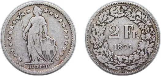 1874 B 2 Francs (Helvetia standing) -Switzerland | Coins NB