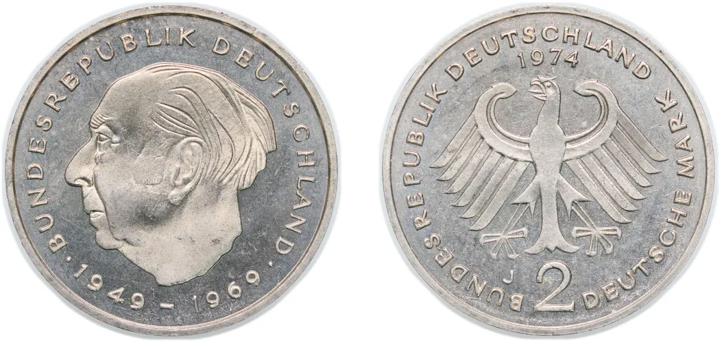 1974 J 2 Deutsche Mark (Theodor Heuss) (UNC) - Hamburgische Münze