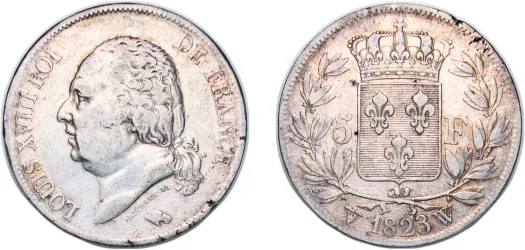5 Francs - Louis XVIII (bare bust) 1823 W (VF) - Lille Mint