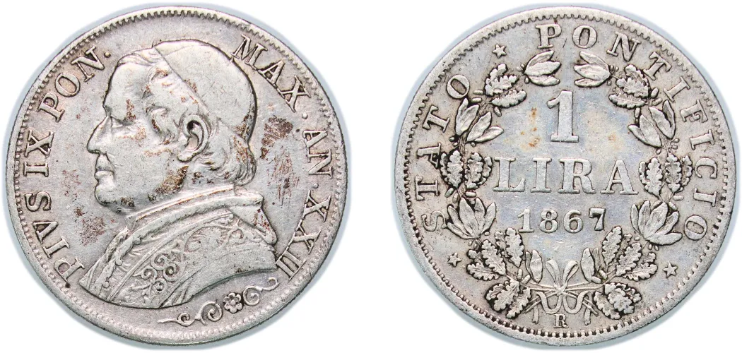 1 Lira - Pius IX (Large bust; PON MAX) 1867 R (XF) - Rome, Italy