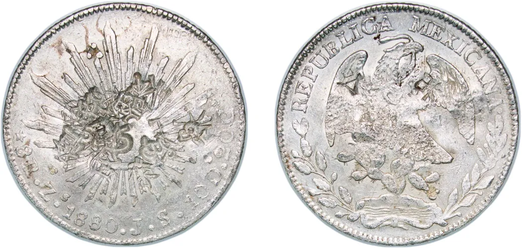 純銀 文鎮 8 Reales 1880 Zs JS (XF) - Zacatecas Mint - Mexico | Coins NB