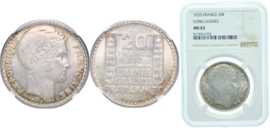 20 Francs (Long Leaves) 1933 (NGC MS 63) - Paris Mint - France
