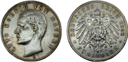 1902年D ドイツ バイエルン王国5マルク銀貨 オットー・フォン・バイエルン 1902 D 5 Mark-Germany | Coins NB - Auction - CoinsNB E-Auction