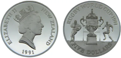 1991 5 Dollars Elizabeth II 3rd Portrait, Rugby World Cup (PF