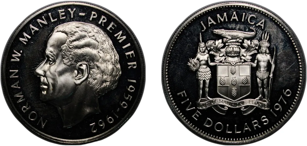 5 Dollars (Norman W. Manley; silver proof; large type) 1976 FM (PF