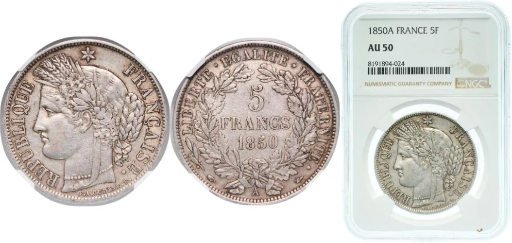 5 Francs (Ceres, 2nd republic) 1850 A (NGC AU 50) - Paris Mint
