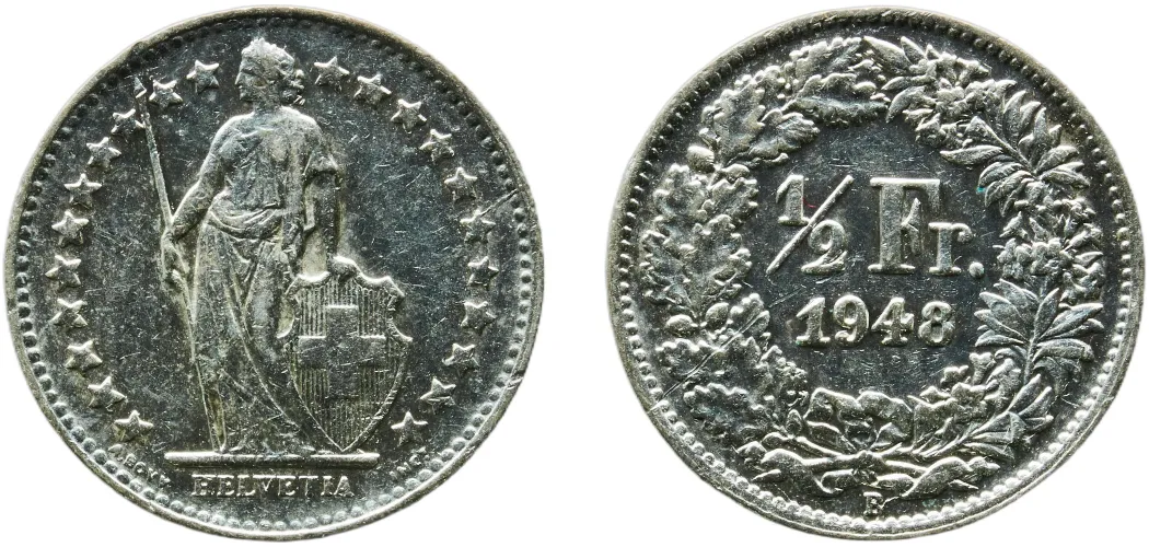 ½ Franc (Helvetia standing; silver) 1948 B (UNC) - Bern Mint