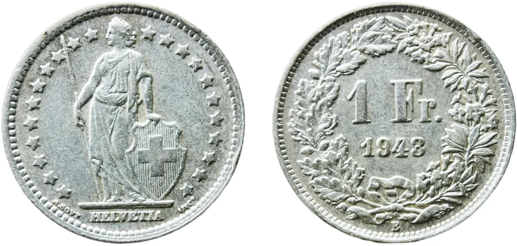 1 Franc (Helvetia standing; silver) 1943 B (AU) - Bern Mint
