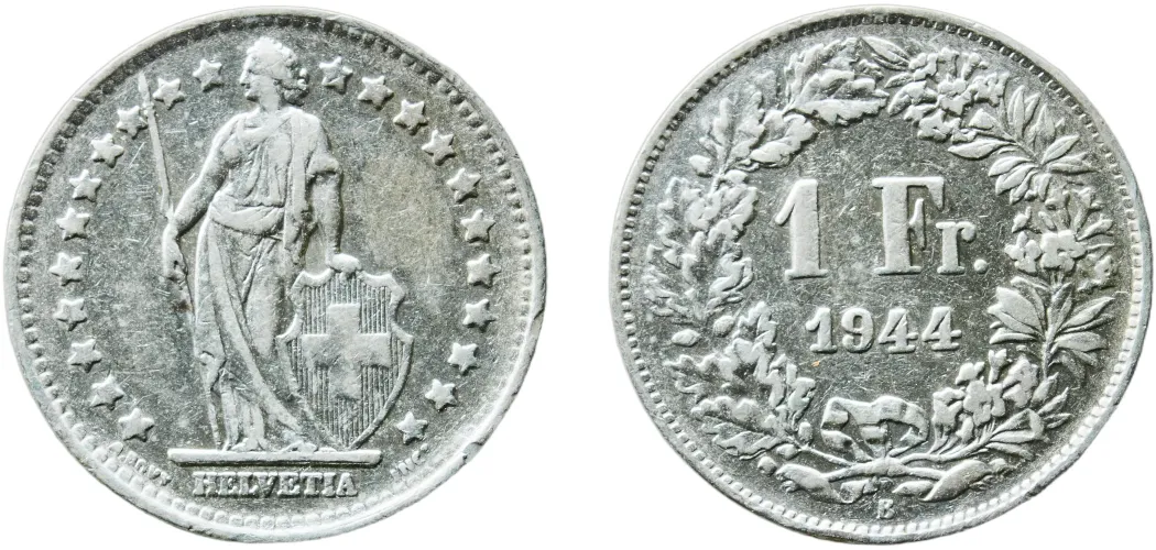 1 Franc (Helvetia standing; silver) 1944 B (XF) - Bern Mint