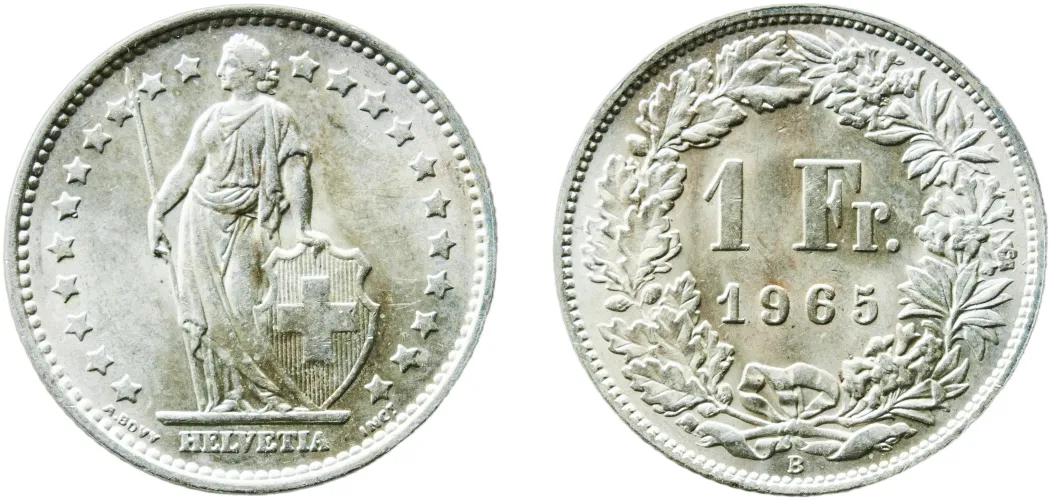 1 Franc (Helvetia standing; silver) 1965 B-Switzerland | Coins NB
