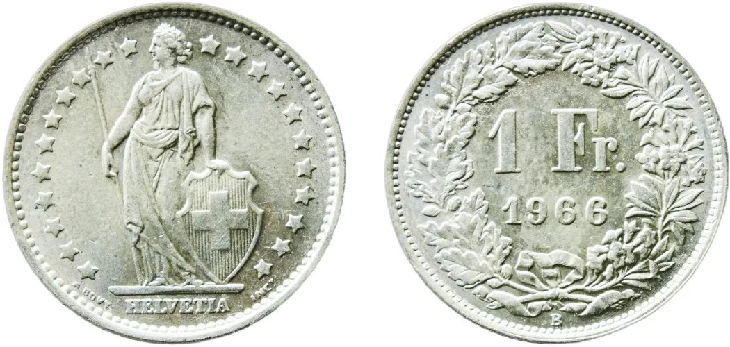 1 Franc (Helvetia standing; silver) 1966 B (BU) - Bern Mint