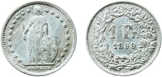 貨幣 スイス  1 Franc (Helvetia standing; silver) 1899 B (AU) - Bern Mint