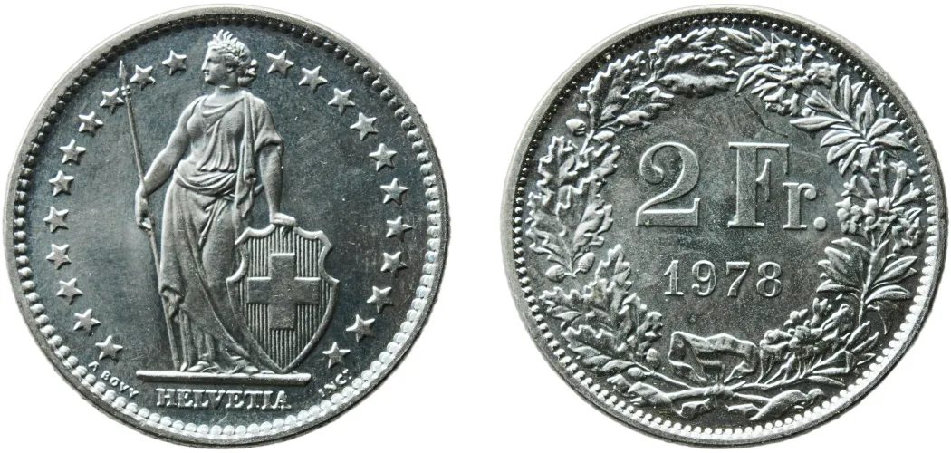 2 Francs (Helvetia standing; copper-nickel) 1978 (BU) - Bern Mint