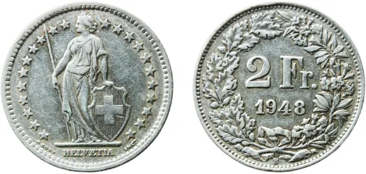2 Francs (Helvetia standing; silver) 1948 B (XF) - Bern Mint