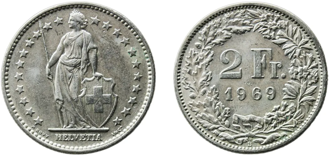 2 Francs (Helvetia standing; copper-nickel) 1969 B (UNC) - Bern
