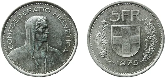 『希少』スイス　1975年5フラン記念硬貨 5 Francs (Herdsman; copper-nickel; embossed edge) 1975 (UNC