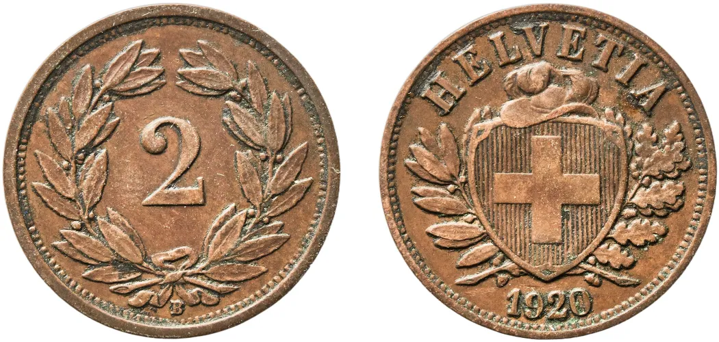 2 Rappen (Wreath; bronze; light type) 1920 B (XF) - Bern Mint