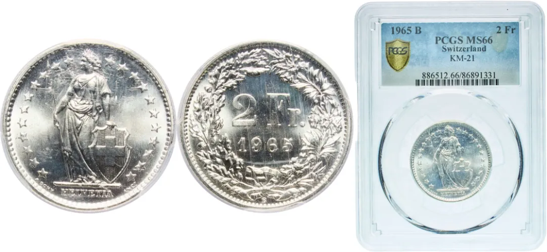 2 Francs (Helvetia standing; silver) 1965 B (PCGS MS 66) - Bern