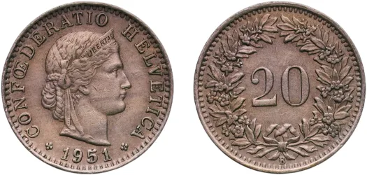 2 Francs (Helvetia standing; silver) 1948 B (XF) - Bern Mint