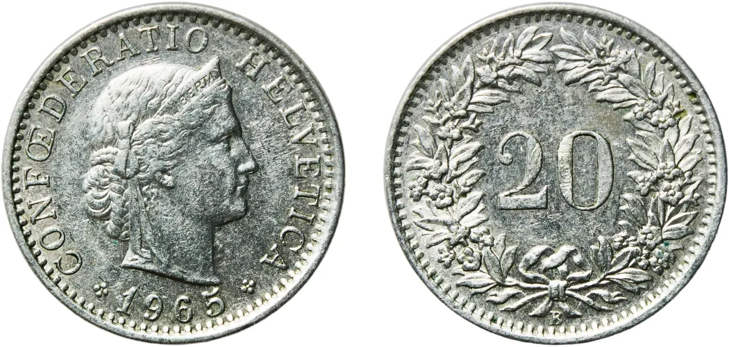 20 Rappen (Libertas; copper-nickel) 1965 B (AU) - Bern Mint