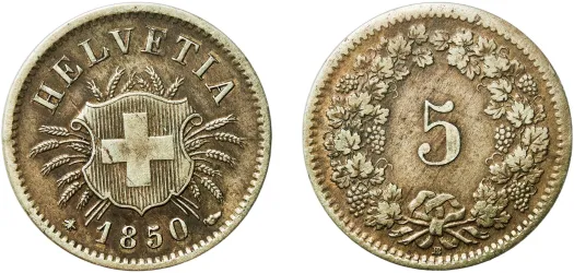 5 Rappen (Coat of arms) 1850 (XF) - Switzerland | Coins NB