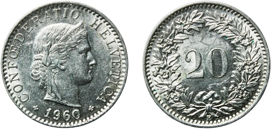 1960年B スイス 20ラッペン（NGC） MS64 20 Rappen (Libertas; copper-nickel) 1960 B (UNC) - Bern Mint