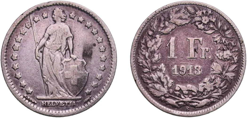 1 Franc (Helvetia standing; silver) 1913 B (VF) - Bern Mint