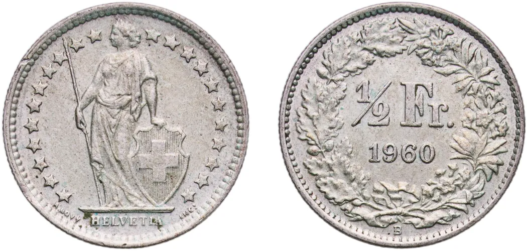 ½ Franc (Helvetia standing; silver) 1960 B (AU) - Bern Mint