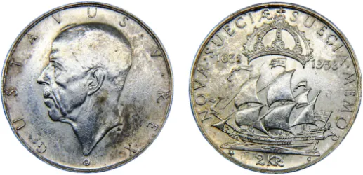スウェーデン王国　デラウェア発見入植300周年記念　2クローナー銀貨　1938 1938 G 2 Kronor 300th Anniversary of the founding of New Sweden